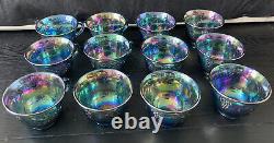 Vintage Indiana Glass Iridescent Blue Harvest Carnival Glass Punch Bowl Set