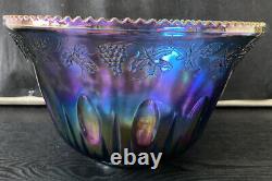 Vintage Indiana Glass Iridescent Blue Harvest Carnival Glass Punch Bowl Set