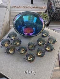Vintage Indiana Glass Iridescent Blue Harvest Carnival Glass Punch Bowl Set