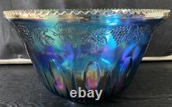 Vintage Indiana Glass Iridescent Blue Harvest Carnival Glass Punch Bowl Set