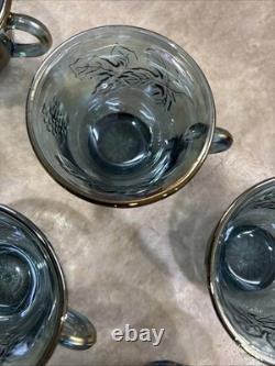 Vintage Indiana Glass Iridescent Blue Harvest Carnival Glass Punch Bowl Set