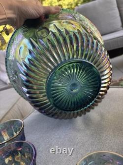Vintage Indiana Glass Iridescent Blue Harvest Carnival Glass Punch Bowl Set