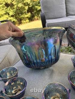 Vintage Indiana Glass Iridescent Blue Harvest Carnival Glass Punch Bowl Set