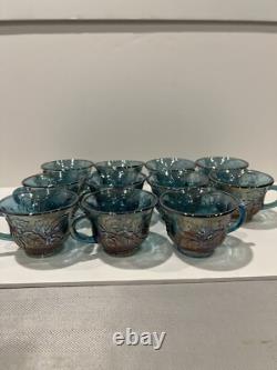 Vintage Indiana Glass Iridescent Blue Harvest Carnival Glass Punch Bowl Set