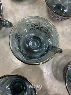 Vintage Indiana Glass Iridescent Blue Harvest Carnival Glass Punch Bowl Set