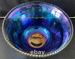 Vintage Indiana Glass Iridescent Blue Harvest Carnival Glass Punch Bowl Set