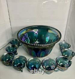 Vintage Indiana Glass Iridescent Blue Harvest Carnival Glass Punch Bowl Set 10