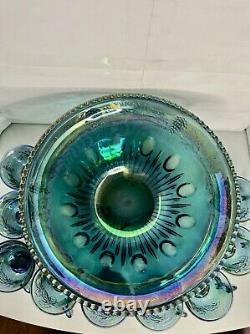 Vintage Indiana Glass Iridescent Blue Harvest Carnival Glass Punch Bowl Set 10