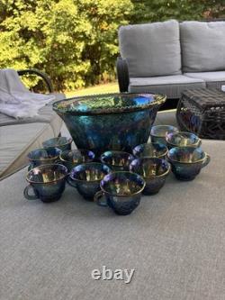 Vintage Indiana Glass Iridescent Blue Harvest Carnival Glass Punch Bowl Set