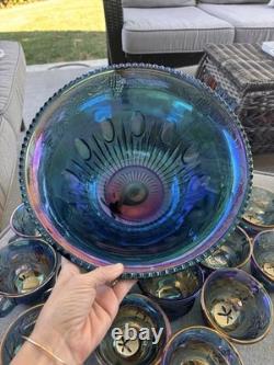 Vintage Indiana Glass Iridescent Blue Harvest Carnival Glass Punch Bowl Set