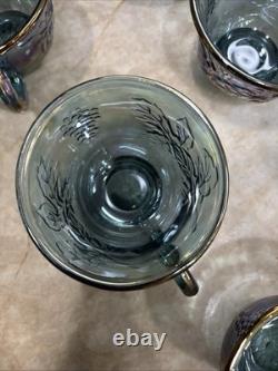 Vintage Indiana Glass Iridescent Blue Harvest Carnival Glass Punch Bowl Set