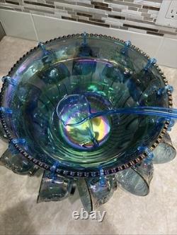 Vintage Indiana Glass Iridescent Blue Harvest Carnival Glass Punch Bowl Set