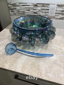 Vintage Indiana Glass Iridescent Blue Harvest Carnival Glass Punch Bowl Set