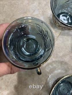 Vintage Indiana Glass Iridescent Blue Harvest Carnival Glass Punch Bowl Set