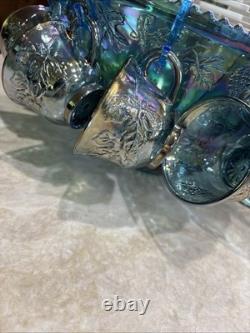 Vintage Indiana Glass Iridescent Blue Harvest Carnival Glass Punch Bowl Set