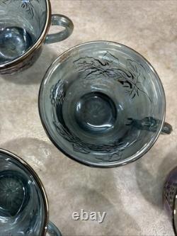 Vintage Indiana Glass Iridescent Blue Harvest Carnival Glass Punch Bowl Set