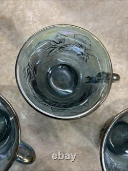 Vintage Indiana Glass Iridescent Blue Harvest Carnival Glass Punch Bowl Set