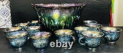 Vintage Indiana Glass Iridescent Blue Punch Bowl Set Grapes Carnival Glass