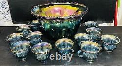 Vintage Indiana Glass Iridescent Blue Punch Bowl Set Grapes Carnival Glass