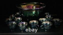 Vintage Indiana Glass Iridescent Blue Punch Bowl Set Grapes Carnival Glass