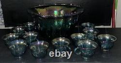 Vintage Indiana Glass Iridescent Blue Punch Bowl Set Grapes Carnival Glass