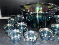 Vintage Indiana Glass Iridescent Blue Punch Bowl Set Grapes Carnival Glass