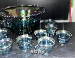 Vintage Indiana Glass Iridescent Blue Punch Bowl Set Grapes Carnival Glass