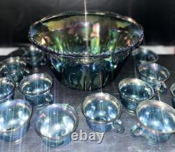 Vintage Indiana Glass Iridescent Blue Punch Bowl Set Grapes Carnival Glass