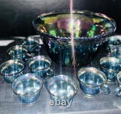 Vintage Indiana Glass Iridescent Blue Punch Bowl Set Grapes Carnival Glass