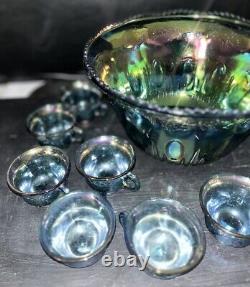 Vintage Indiana Glass Iridescent Blue Punch Bowl Set Grapes Carnival Glass