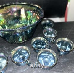 Vintage Indiana Glass Iridescent Blue Punch Bowl Set Grapes Carnival Glass