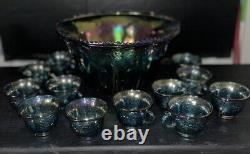 Vintage Indiana Glass Iridescent Blue Punch Bowl Set Grapes Carnival Glass