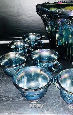 Vintage Indiana Glass Iridescent Blue Punch Bowl Set Grapes Carnival Glass