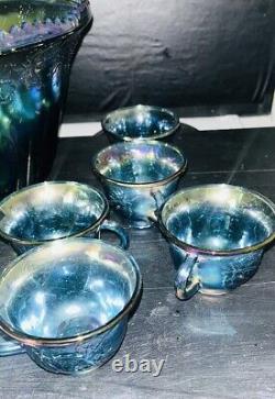 Vintage Indiana Glass Iridescent Blue Punch Bowl Set Grapes Carnival Glass