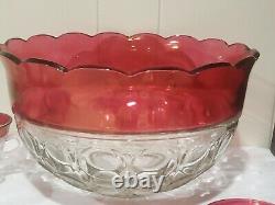 Vintage Indiana Glass Kings Crown Ruby Punch Bowl Set With 12 Footed Cups