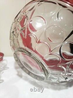 Vintage Indiana Glass Kings Crown Ruby Punch Bowl Set With 12 Footed Cups