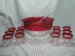 Vintage Indiana Glass Kings Crown Ruby Punch Bowl Set With 12 Footed Cups WithLadle