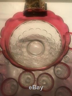 Vintage Indiana Glass Lexington/Thumbprint/ Ruby Flash 13 Piece Punch Bowl Set