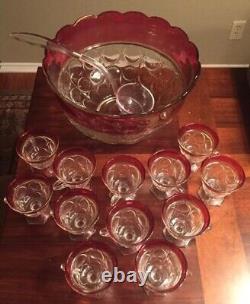 Vintage Indiana Glass Lexington Thumbprint Ruby Red Flash Punch 14 Piece Set