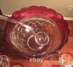 Vintage Indiana Glass Lexington Thumbprint Ruby Red Flash Punch 14 Piece Set