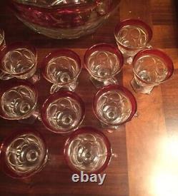 Vintage Indiana Glass Lexington Thumbprint Ruby Red Flash Punch 14 Piece Set