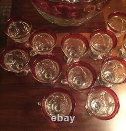 Vintage Indiana Glass Lexington Thumbprint Ruby Red Flash Punch 14 Piece Set