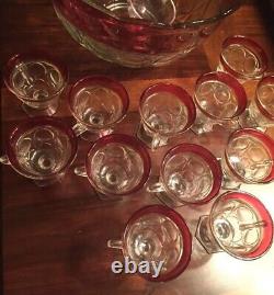 Vintage Indiana Glass Lexington Thumbprint Ruby Red Flash Punch 14 Piece Set