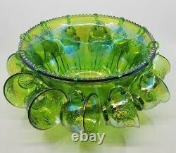 Vintage Indiana Glass Lime Green Carnival Glass Punch Bowl Set Harvest Grape