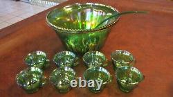 Vintage Indiana Glass Lime Green Carnival Glass Punch Bowl Set Harvest Grape