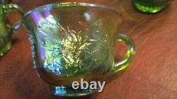 Vintage Indiana Glass Lime Green Carnival Glass Punch Bowl Set Harvest Grape