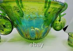 Vintage Indiana Glass Lime Green Carnival Glass Punch Bowl Set Harvest Grape