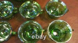 Vintage Indiana Glass Lime Green Carnival Glass Punch Bowl Set Harvest Grape