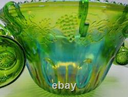 Vintage Indiana Glass Lime Green Carnival Glass Punch Bowl Set Harvest Grape