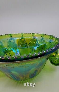 Vintage Indiana Glass Lime Green Carnival Glass Punch Bowl Set Harvest Grape